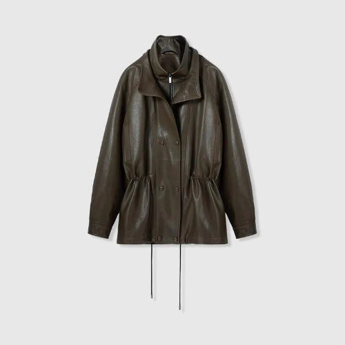 Front view of a dark brown faux leather jacket with layered collars, snap buttons and a gathered drawstring waist against a light background