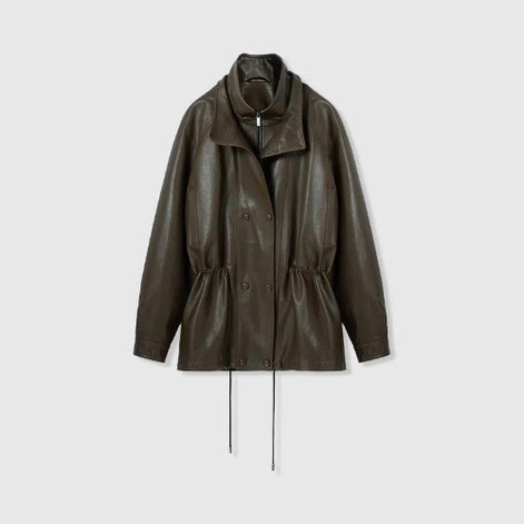 Front view of a dark brown faux leather jacket with layered collars, snap buttons and a gathered drawstring waist against a light background
