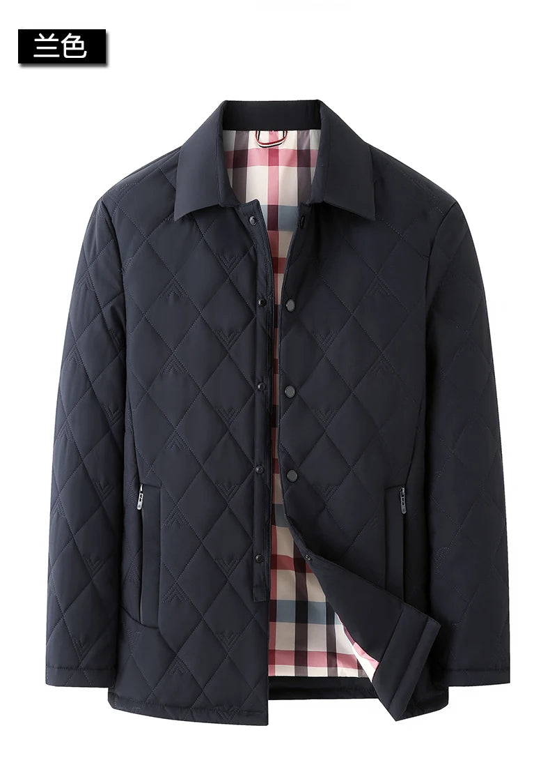 Top Grade Men Parka Jacket Windbreaker Coats Diamond Quilted Bubble Coat Middle-aged Winter Warmth Turn-Down Collar Coat