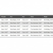A size measurement chart table showing sizes S through 2XL with measurements for shoulder, bust, sleeve, length, and weight.