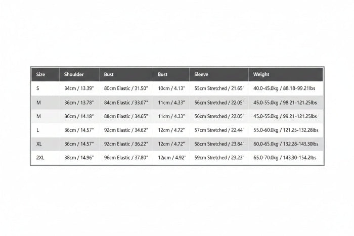 A size measurement chart table showing sizes S through 2XL with measurements for shoulder, bust, sleeve, length, and weight.