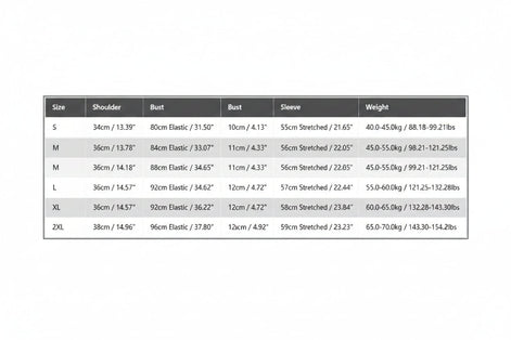 A size measurement chart table showing sizes S through 2XL with measurements for shoulder, bust, sleeve, length, and weight.