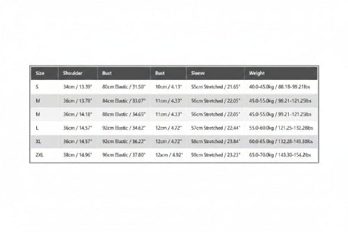 A size measurement chart table showing sizes S through 2XL with measurements for shoulder, bust, sleeve, length, and weight.