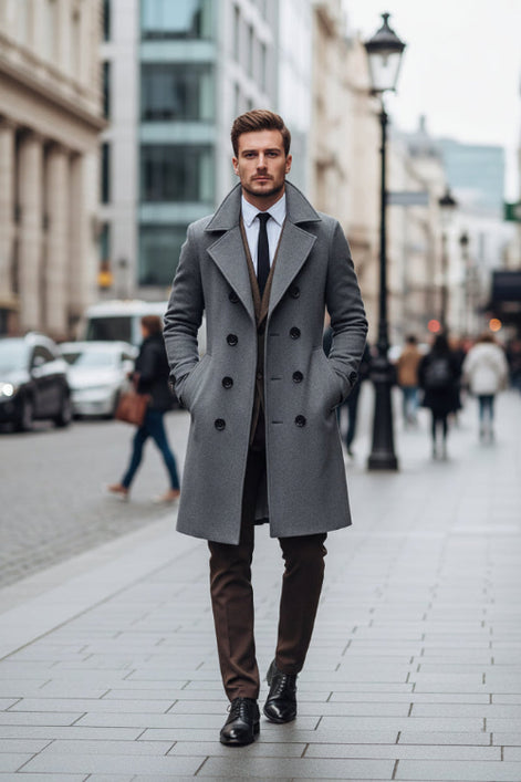 Man wearing a gray coat and brown vest on a city street