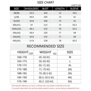 A size chart and recommended size table for a garment, with columns for size, shoulder, bust, length, sleeve, height, weight, and size. 