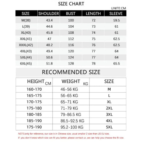 A size chart and recommended size table for a garment, with columns for size, shoulder, bust, length, sleeve, height, weight, and size. 