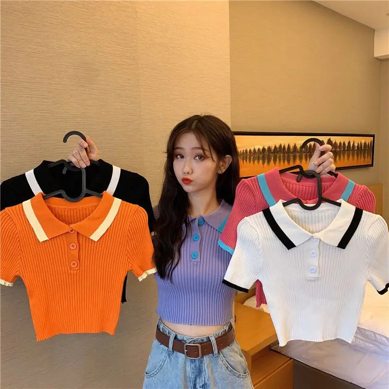 Women's Polo Shirts Sexy Crop Top Button Female Tee Knitted Slim with T-shirts Collar Korean Clothing Pulovers Trend 2025 Summer