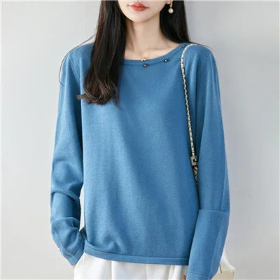 High end fashion 100% pure cotton women's sweater casual knitted round neck pullover autumn and winter solid color women's top