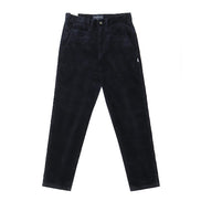 A pair of dark navy corduroy trousers laid flat against a solid white background.