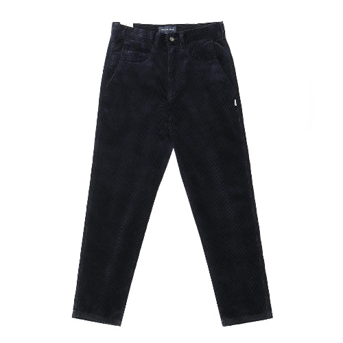 A pair of dark navy corduroy trousers laid flat against a solid white background.