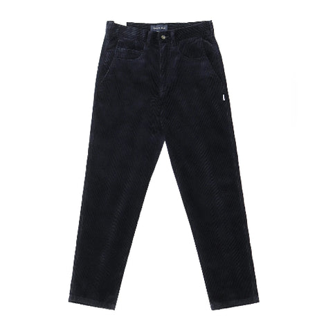 A pair of dark navy corduroy trousers laid flat against a solid white background.