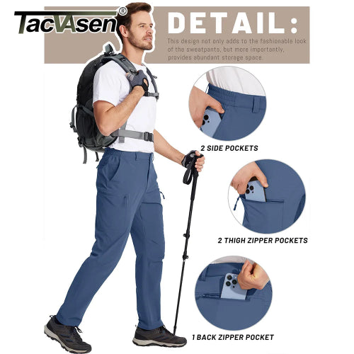 Man wearing blue hiking pants with features highlighted, including side pockets and a backpack.