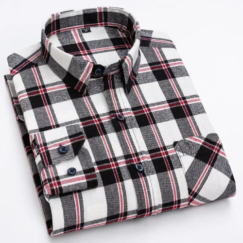 A folded long-sleeve plaid button-up shirt on a white background. The shirt features a black, white, and red plaid pattern with dark buttons.