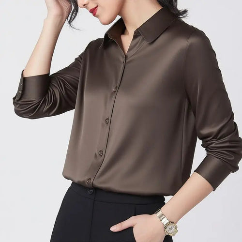 Dark brown silk shirt worn by a model, shown from the front.