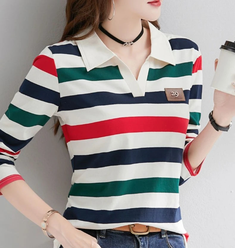 Slimming Striped Polo T-Shirt for Women 100% Cotton Long Sleeve Innerwear for 2026 Transitional Wardrobe