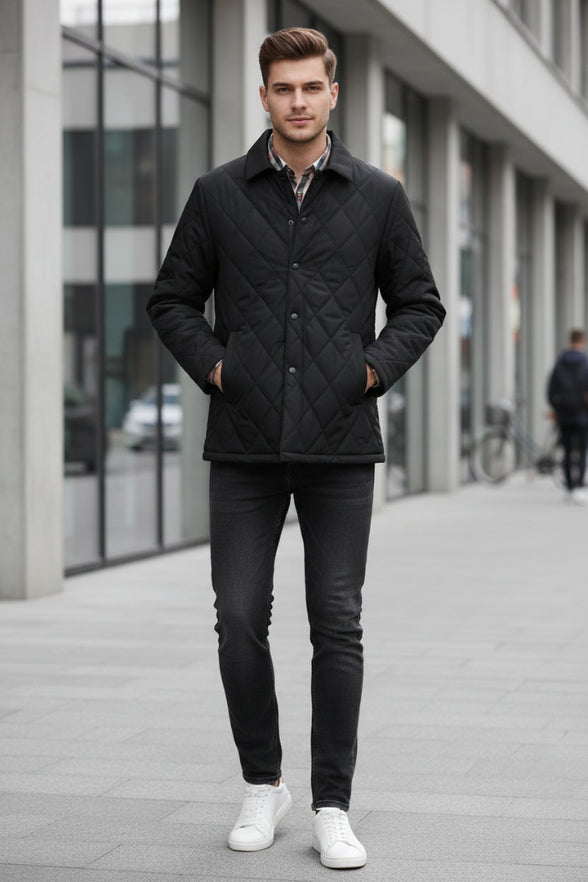 A men's black quilted jacket with a plaid lining, shown on a white background with a brand logo 'LANGBEEYAR' at the top left and two feature callout graphics on the left highlighting thickened fabric and circulate warm technology.