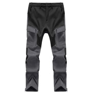 Black and gray cargo pants shown flat from the front.