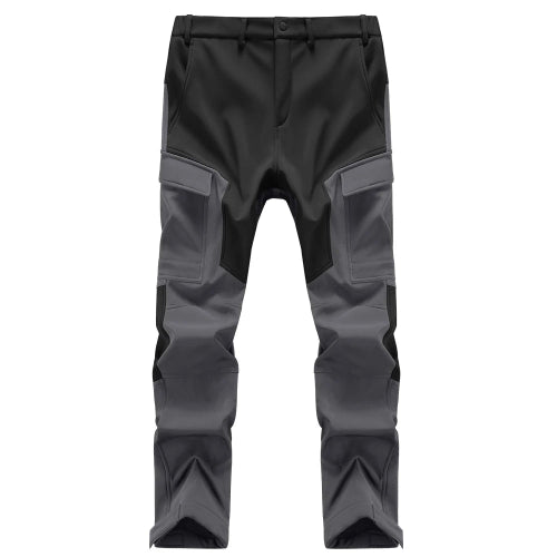 Black and gray cargo pants shown flat from the front.