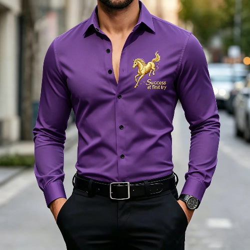A man wearing a purple long-sleeve button-up shirt with a gold embroidered horse logo and the words 'Success at first try' on the left chest, 