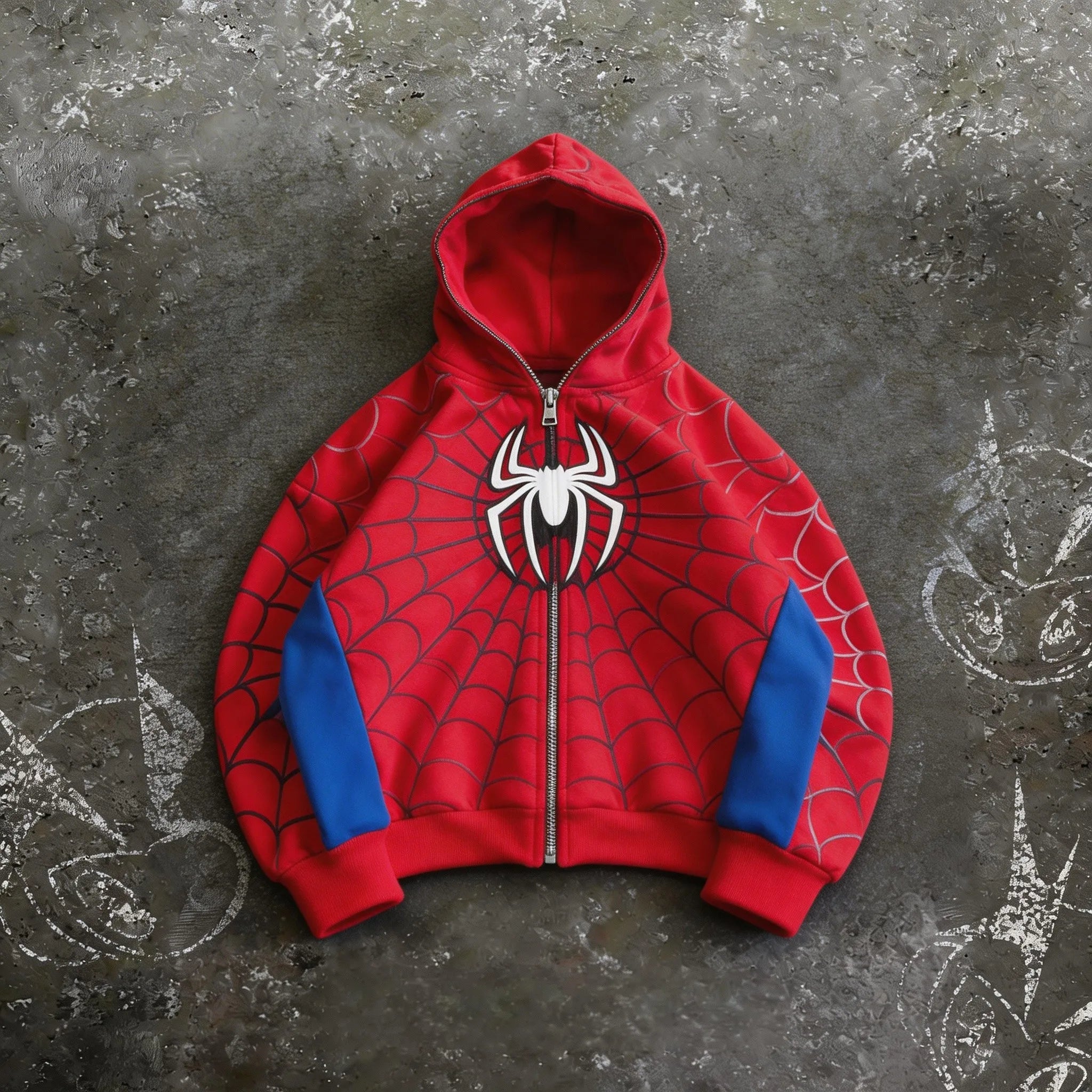 Red Spider-Man hoodie with blue sleeves on a textured gray background