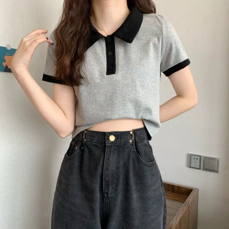 Summer 2026 Women New Arrival Slim Fit Versatile Polo Collar Color Block Short T Shirt Short Sleeve Unique Top Ins Trendy
