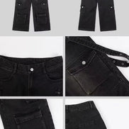 Front and back views of washed black baggy cargo jeans with close-ups of the button waistband, flap pockets, eyelet side straps, and back patch pocket.⠋