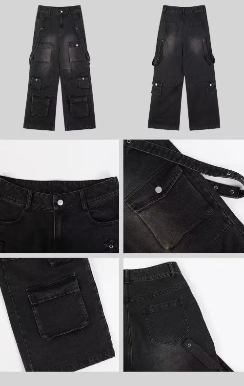Front and back views of washed black baggy cargo jeans with close-ups of the button waistband, flap pockets, eyelet side straps, and back patch pocket.⠋
