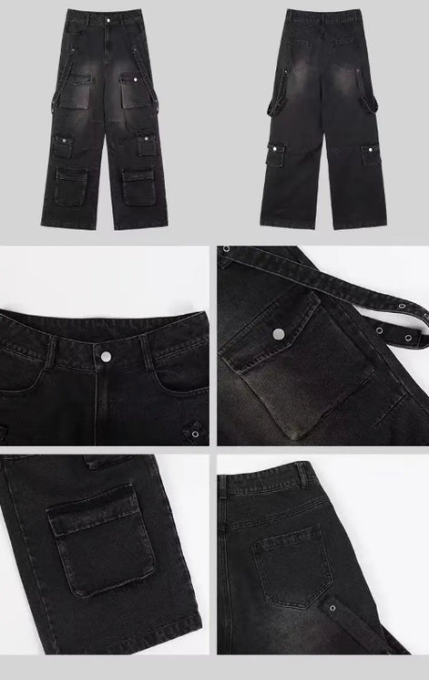 Front and back views of washed black baggy cargo jeans with close-ups of the button waistband, flap pockets, eyelet side straps, and back patch pocket.⠋