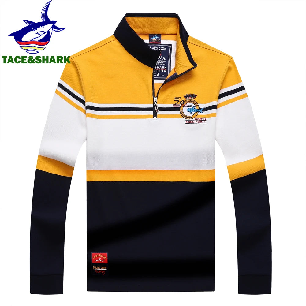 TACE&SHARK Brand Shark Fashion Men‘s Long Sleeve Stand Collar Polo Shirt Striped Breathable Cotton Casual Wear Business Style