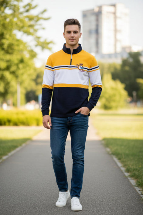 Long-sleeve shirt with yellow, white, and navy design on a white background