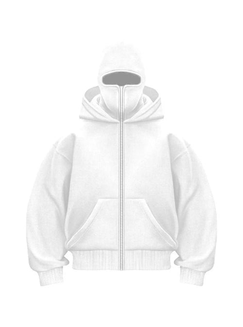 A white zip-up hoodie with a full front zipper, ribbed cuffs, and a front kangaroo pocket, shown on a plain white background.