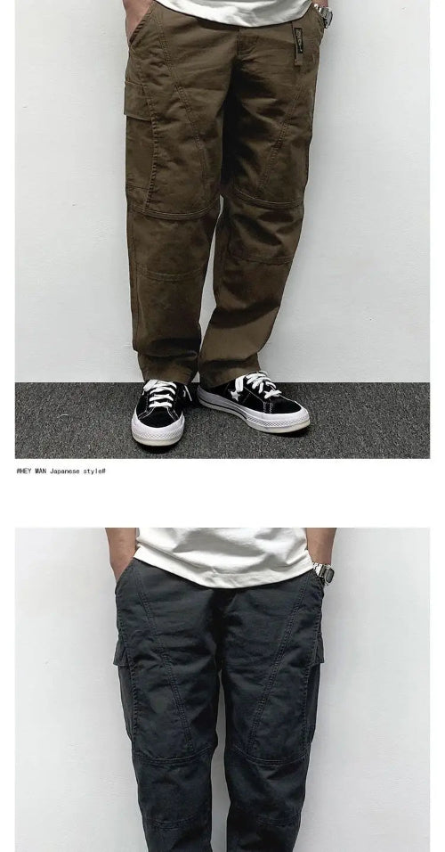 Front views of a model wearing brown and dark gray cargo pants, showing thigh pockets, curved seam detailing, and stitched knee panels.