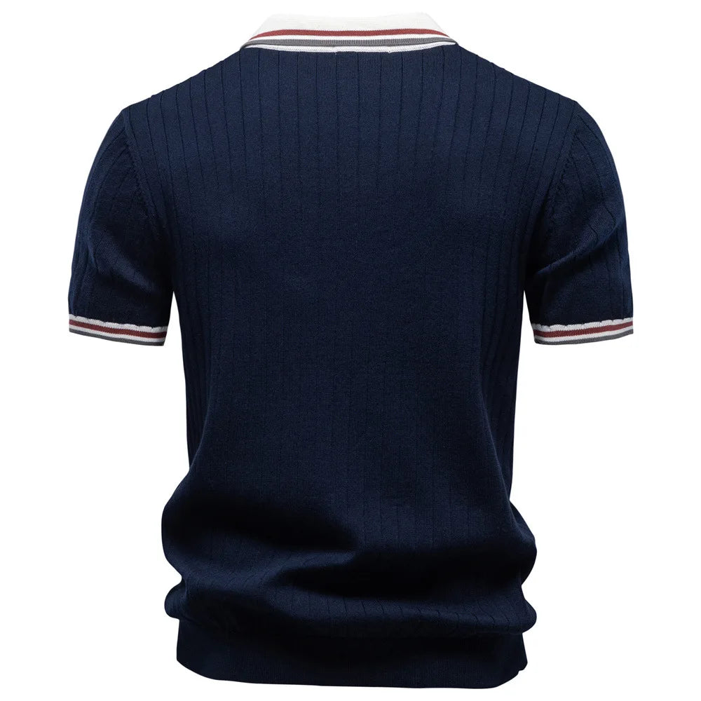Men's Knitted Polo Shirt Summer Short Sleeve Striped Collar Casual Business Tops Brown With Striped Collar and Cuffs