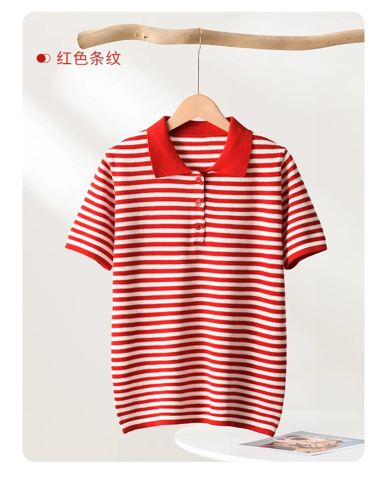 WinvyNee Summer T-shirts Women 100% Cotton Striped Tops Women Clother Polo Short Sleeve Buttons Casual Basic Pullover ZA1102004