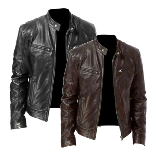 Two leather jackets displayed on mannequins against a white background