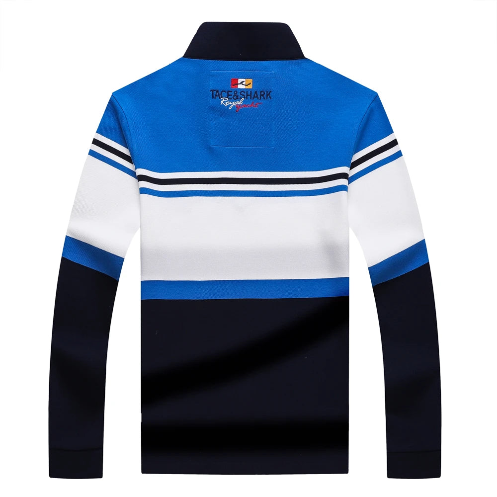 TACE&SHARK Brand Shark Fashion Men‘s Long Sleeve Stand Collar Polo Shirt Striped Breathable Cotton Casual Wear Business Style
