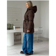 Brown Hooded Quilted Cotton Jacket Fashion Waist Cinch Drawstring Zip Pocket Warm Coat 2026 Women's Winter Casual Street Outfit