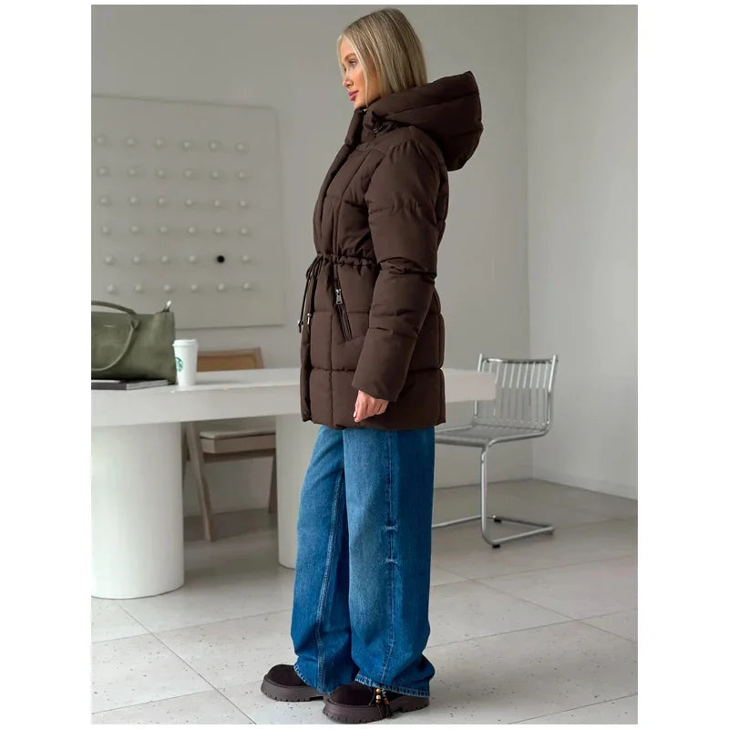 Brown Hooded Quilted Cotton Jacket Fashion Waist Cinch Drawstring Zip Pocket Warm Coat 2026 Women's Winter Casual Street Outfit