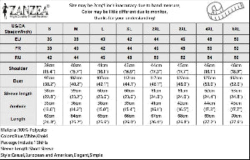 Zanzea size chart for shirts with measurements in various units.
