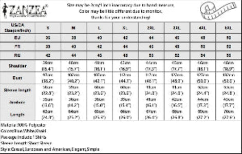 Zanzea size chart for shirts with measurements in various units.