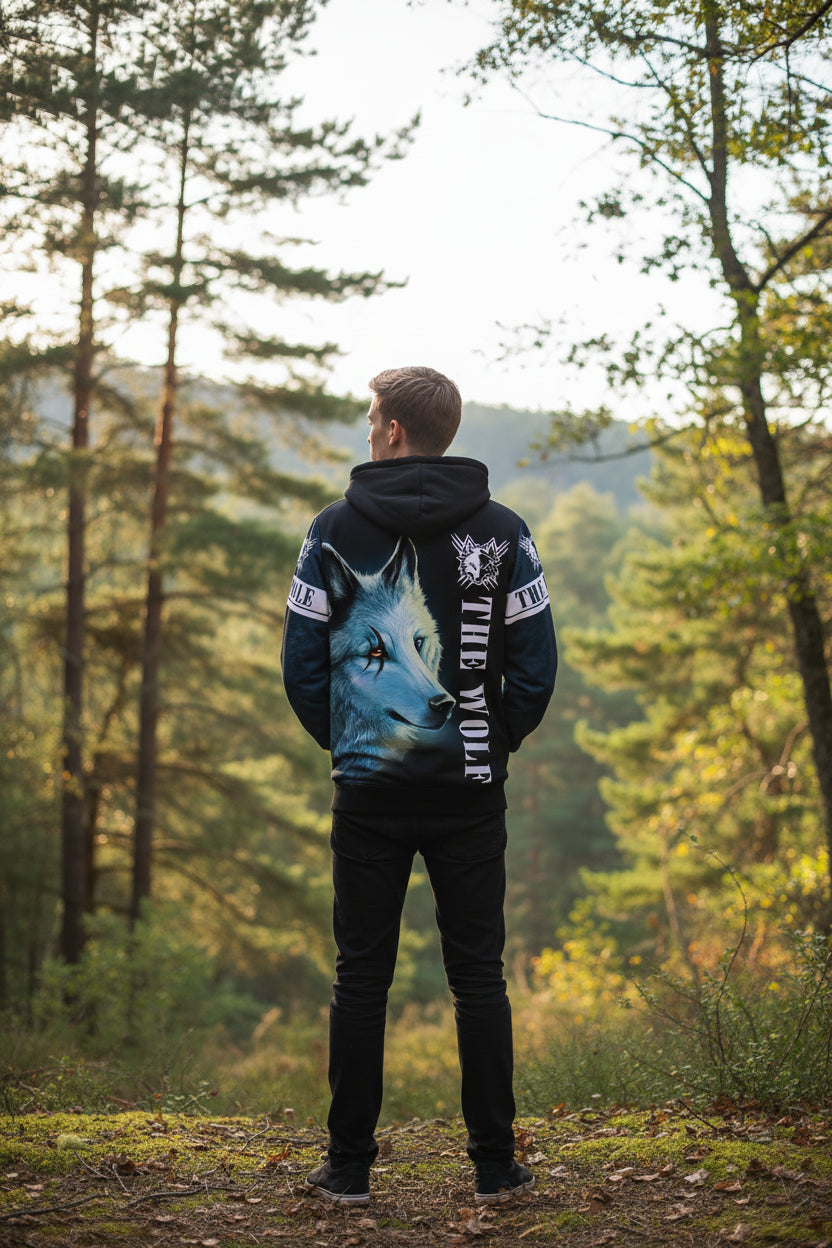 Hoodie with a wolf design on a white background