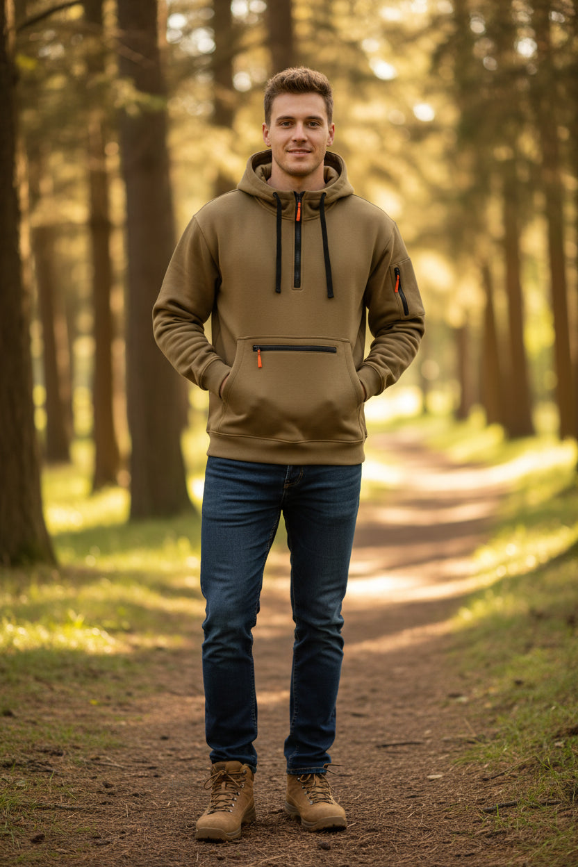 Beige hoodie with black and orange accents on a white background