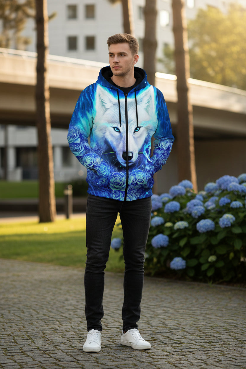 Hoodie with a wolf and floral design on a white background