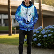 Hoodie with a wolf and floral design on a white background