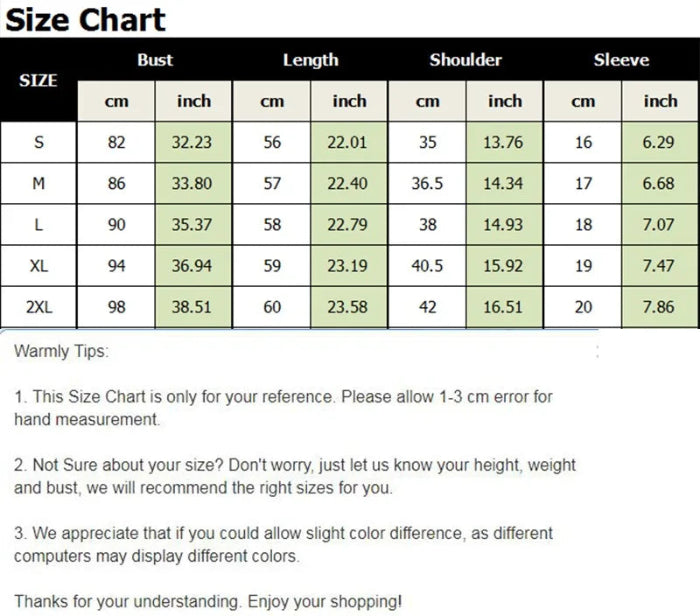 Size chart for clothing measurements in centimeters and inches with warmly tips below.