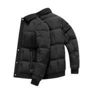 A black puffer jacket with horizontal quilting, a ribbed knit collar, and a snap-button front closure, shown on a plain white background.