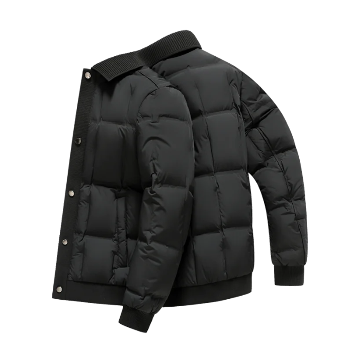 A black puffer jacket with horizontal quilting, a ribbed knit collar, and a snap-button front closure, shown on a plain white background.