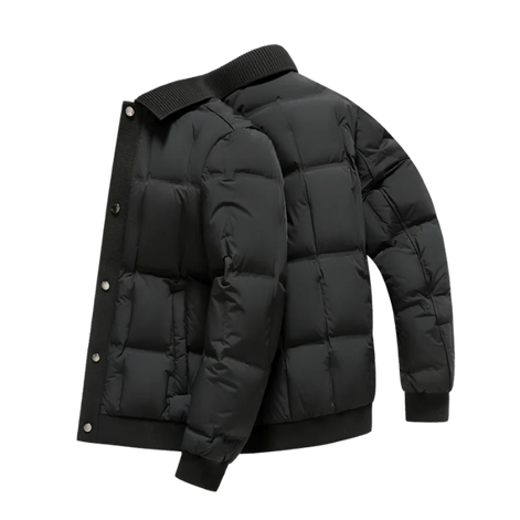 A black puffer jacket with horizontal quilting, a ribbed knit collar, and a snap-button front closure, shown on a plain white background.