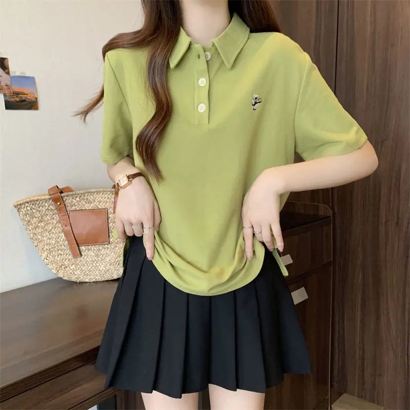Pink Woman 100℅ Cotton Tshirt Embroidery Polo Neck T Shirt for Women Korean Clothing Y2k Fashion High Quality Youthful Elegant