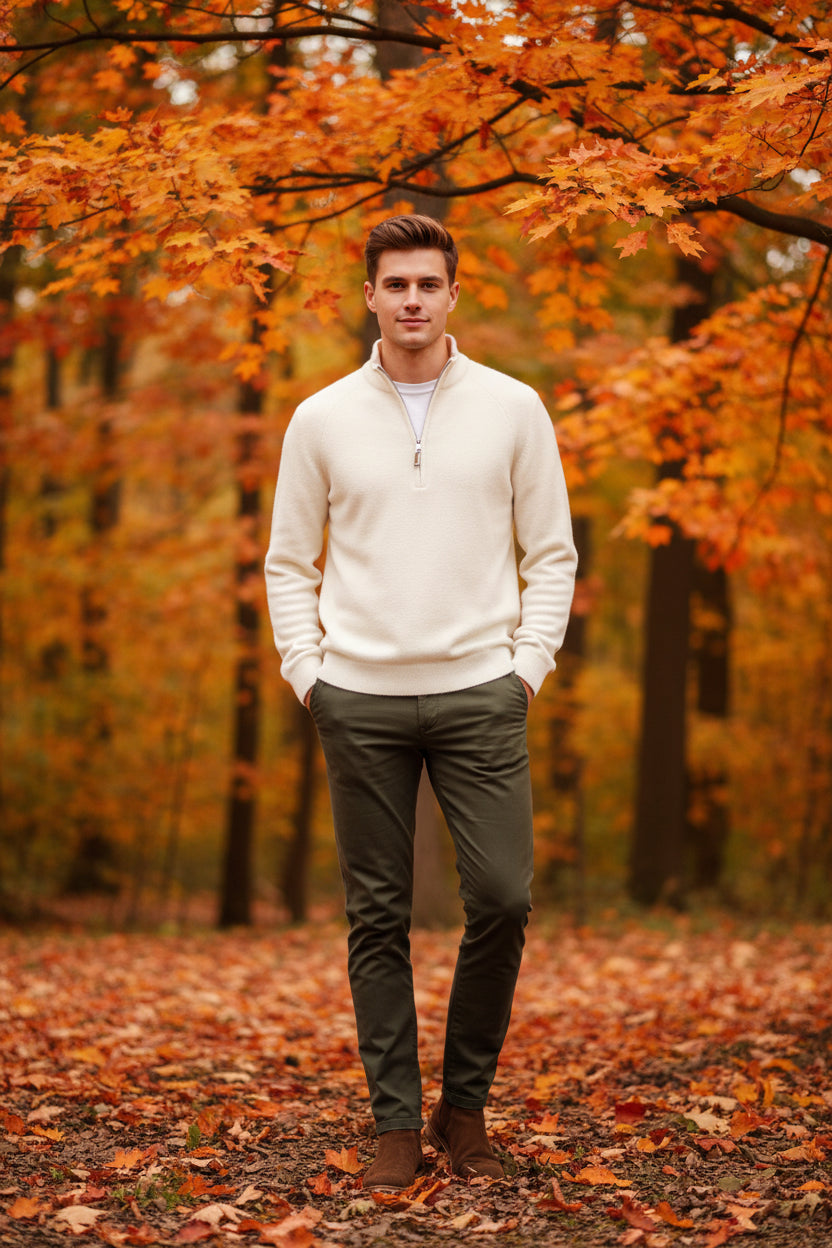 Folded cream-colored sweater with a watch on a gray surface